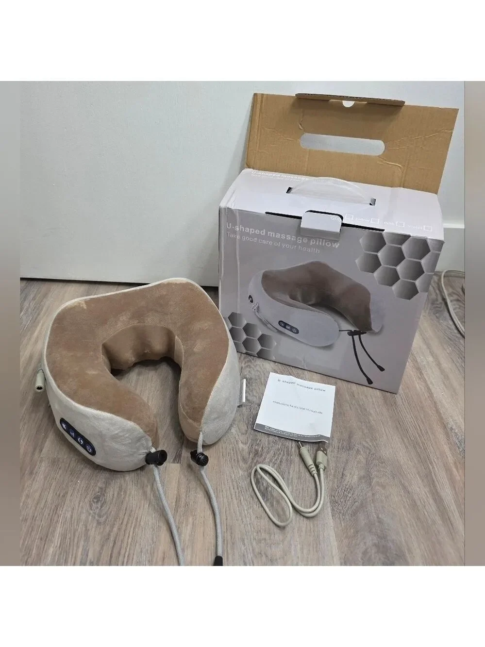 U-Shaped Neck Massage Pillow Plush Beige/Taupe USB Massager - New In Box
